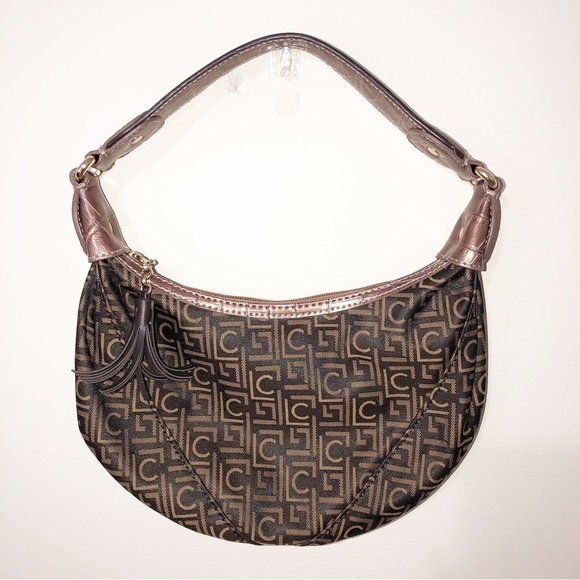Liz Claiborne Handbags - Small Mini Y2K Bag Brown Logo Fabric Crocodile Embossed Faux leather Zip Top
